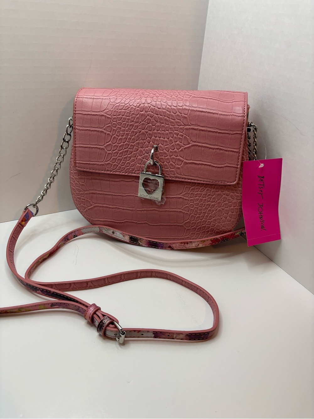 Luv Betsey Johnson Pink Croc-Embossed w blush color & floral saddle bag